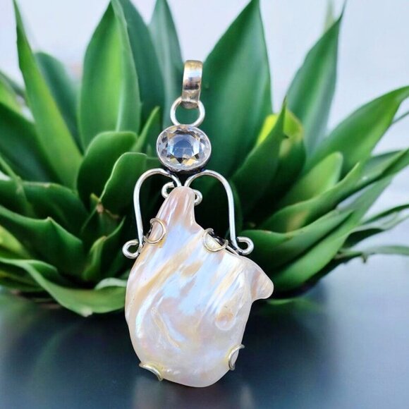 Natural Biwa Pearl ✦ Clear Quartz Pendant ✦ Vintage S925 Silver Handmade NWT - Picture 12 of 13